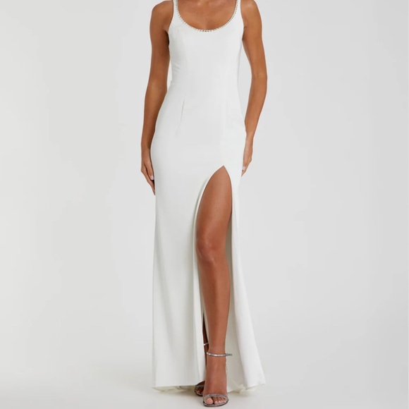 Sleeveless Crystal Scoop Neckline Column Gown with High Slit - Picture 1 of 3